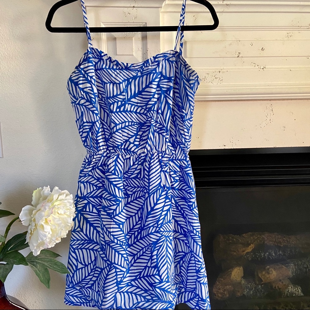 Banana Leaf Mini Summer Dress Blue + White, Sz M